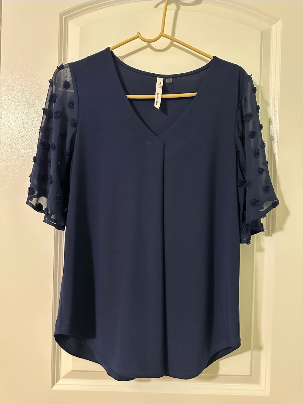 NY Collection Navy V-Neck Blouse with Textured Sheer Sleeves